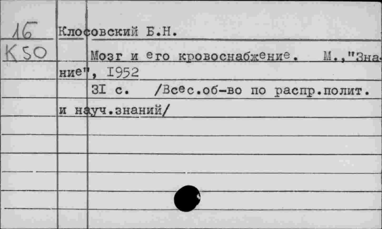 ﻿к(о	Кло<	:овский Б.Н.
К 30		Мозг и еГо кровоснабжение. М.."3на.
	ние'	1952
		31 с. /Всес.об-во по распр.полит.
	и н<	(уч. знании/
		
		
		
		
		^0^
		